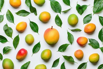 A flat lay of whole mangoes and leaves on a white background.