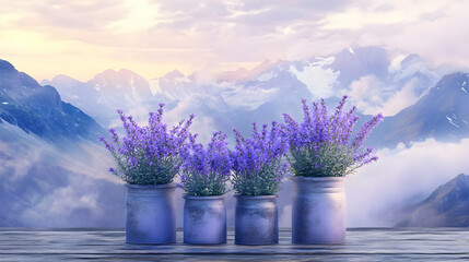 Purple Flowers In Rustic Pots Against A Mountain Range Illustration