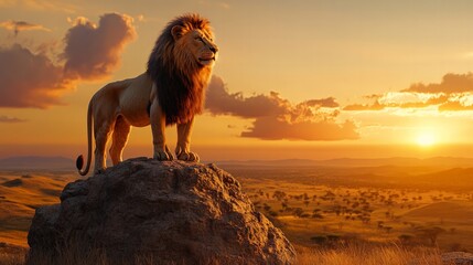 Majestic lion standing proudly on a rock, with a breathtaking savanna sunset in the background
