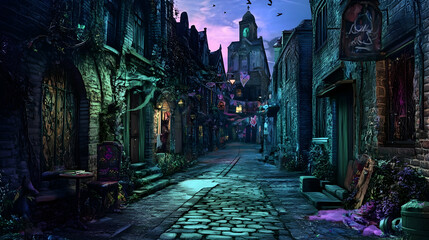 Fototapeta premium A cobblestone street in a medieval town with a tower and a pink sky at dusk.