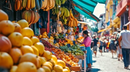 Vibrant street market with diverse stalls selling colorful fruits and handmade crafts, with people enjoying the atmosphere