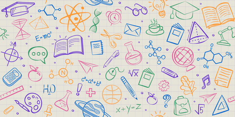 Vector frame back to school with education doodle icon symbols on green chalkboard. EPS10.	
