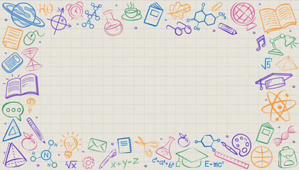 A fun and creative back to school background featuring a colorful frame of hand-drawn education doodles on gridded notebook paper, leaving ample copy space for text and projects.
