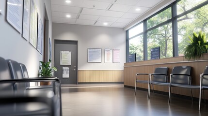 Fototapeta premium A tranquil waiting area features vibrant yellow chairs, lush greenery, and large windows allowing natural light to flood the space, creating a welcoming atmosphere for visitors.