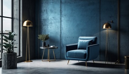 Stylish modern living room with blue velvet chair and gold lamps