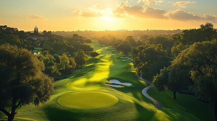 Aerial view of a golf course, showing the expansive layout of the greens and landscape.