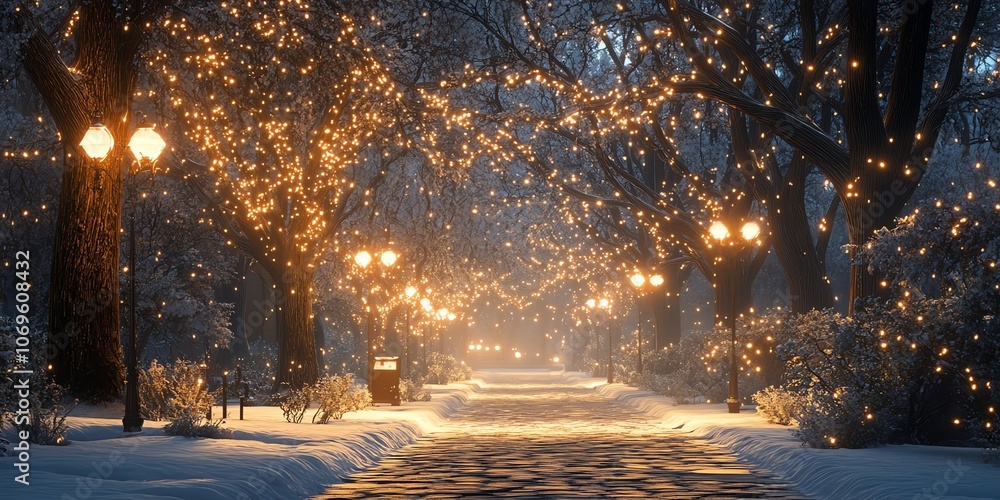 Poster a snow-covered path through a wintery forest, lined with trees adorned with twinkling lights.