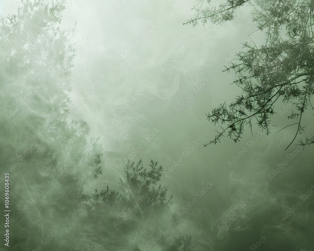 Poster a misty green scene with trees and fog, creating a serene and ethereal atmosphere.