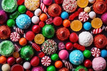 Fototapeta premium Vibrant Overhead View of Colorful Festive Sweets and Candies Assortment