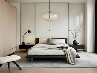 A modern bedroom featuring minimalist design with neutral tones and stylish decor.
