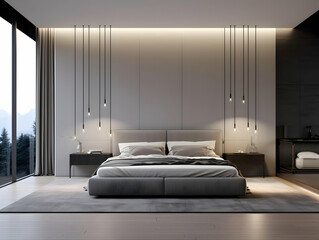 Modern bedroom featuring a minimalist design with soft lighting and large windows.
