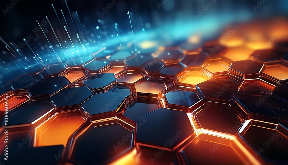 Poster a dynamic, glowing hexagonal pattern in shades of orange and blue, featuring a futuristic design wit