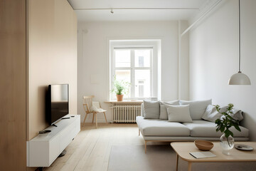 A minimalist living room featuring a sofa, coffee table, and natural light.
