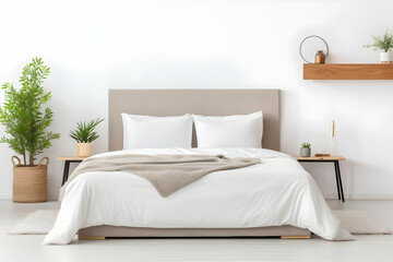 A minimalist bedroom featuring a large bed, plants, and simple decor for relaxation.
