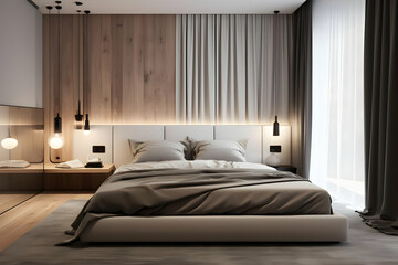 Modern bedroom with a cozy bed, soft lighting, and elegant decor.
