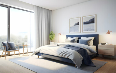 A modern, serene bedroom with natural light, minimalist decor, and cozy furnishings.