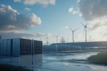 A row of large battery storage units with wind turbines and solar panels in the background.