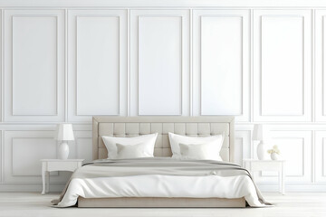 A minimalist bedroom featuring a bed, nightstands, and lamps against a white paneled wall.
