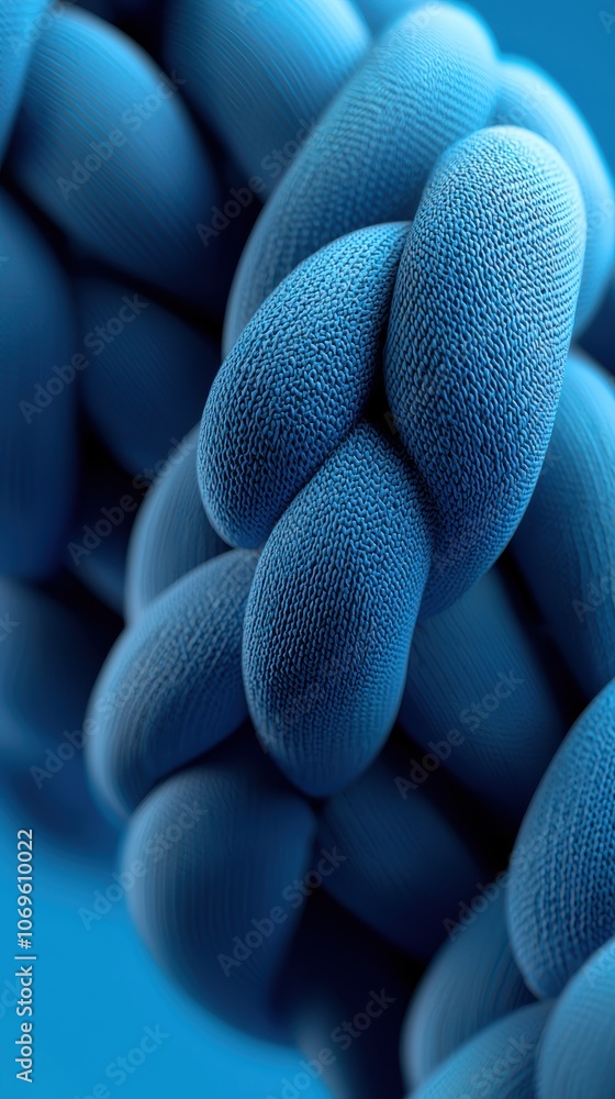 Poster close-up view of intertwined blue fibers, showcasing a textured and abstract design that emphasizes 