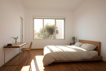 A minimalist bedroom featuring a bed, desk, and large window with natural light.