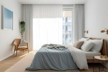 A serene bedroom featuring a bed, chair, and natural light for relaxation.