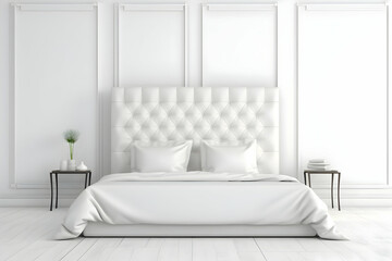 A minimalist white bedroom featuring a tufted headboard and simple decor.