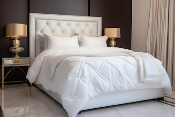 A modern bedroom featuring a plush white bed with decorative pillows and stylish lamps.