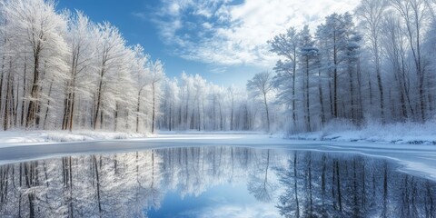 Serene winter landscape with frosted trees, a frozen lake, and calm skies. AI generated