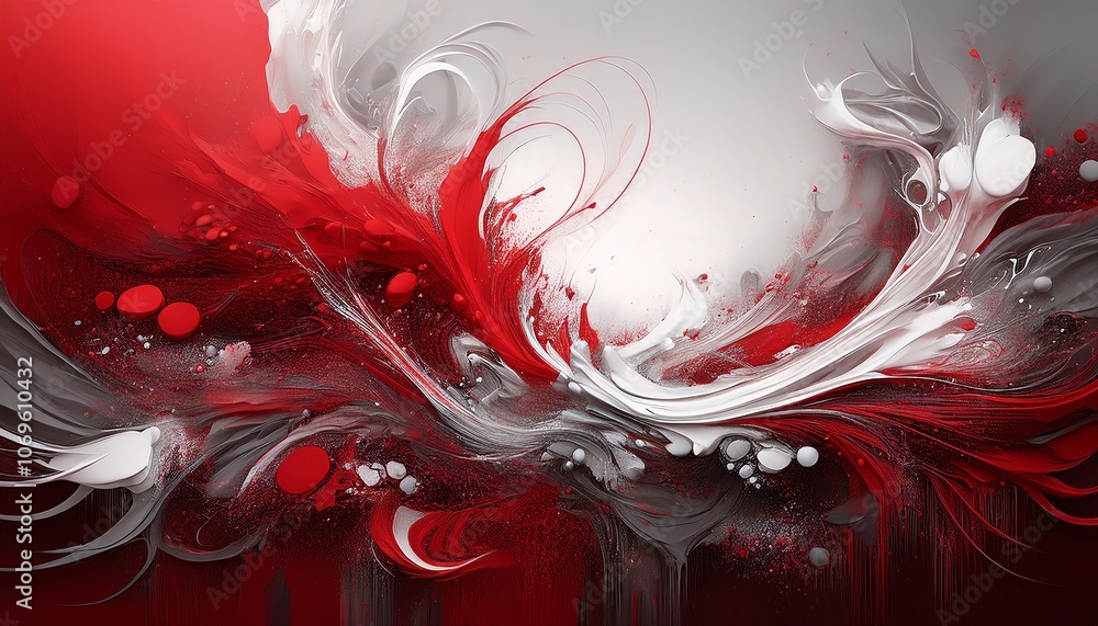 Poster a vibrant abstract design featuring swirling red, white, and gray elements, creating a dynamic inter