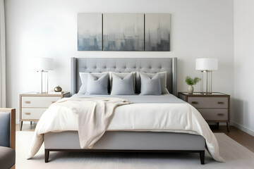Modern bedroom featuring a stylish bed, artwork, and bedside tables for relaxation.