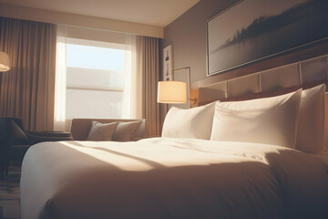 A cozy hotel room featuring a neatly made bed and soft lighting.