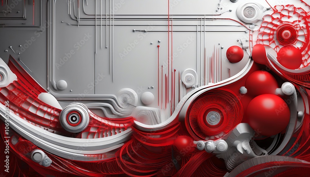 Poster a vibrant abstract design featuring red and white elements, with intricate lines and circular shapes