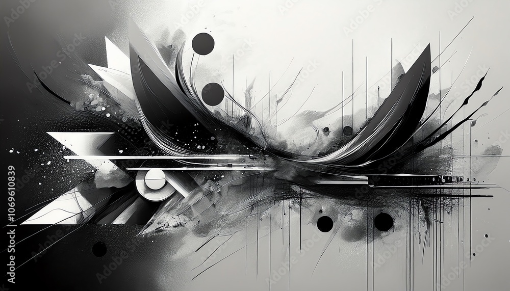 Poster an abstract composition featuring geometric shapes, splashes of paint, and a monochromatic palette, 