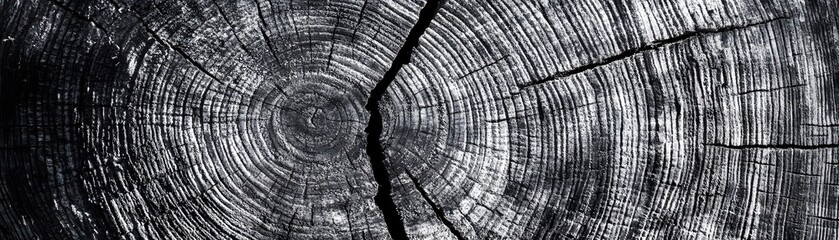 Fototapeta premium Close-up of a Tree Trunk's Cross-Section with Visible Growth Rings and Cracks