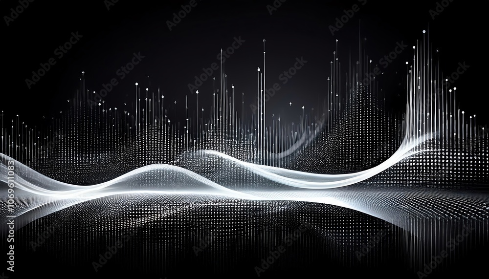 Poster a digital abstract wave visualization representing sound waves, light patterns, and modern technolog