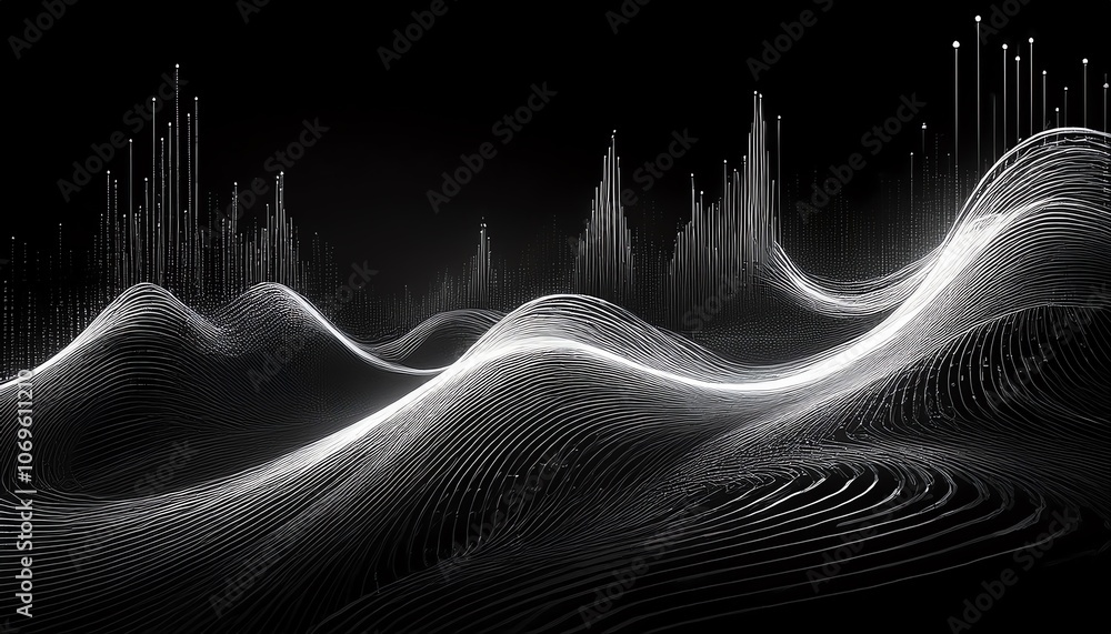 Poster a mesmerizing black and white abstract landscape featuring wave-like formations and intricate patter