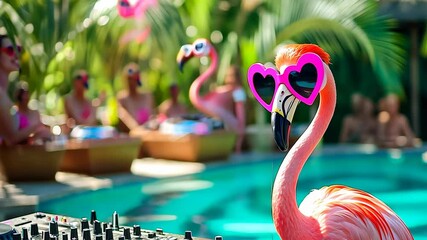 A flamboyant flamingo sports heart-shaped sunglasses, enhancing the playful, summery vibe at a lively pool party. The bright, tropical setting exudes fun and relaxation.