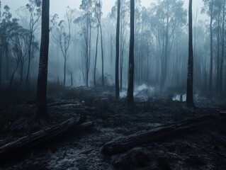 Naklejka premium Charred Forest After Fire, Smoky Haze