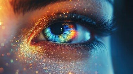 Fototapeta premium An animated concept illustrates a human iris where rainbow lines scatter after a flash, set against a bright backdrop.