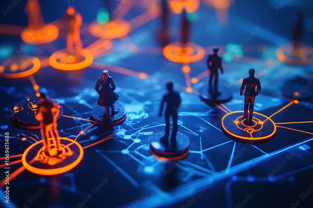 Poster miniature figures on a glowing network map, representing global interconnectedness and communication