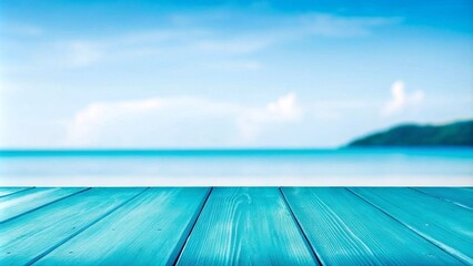  Blue wooden floor with a blurred seascape of blue ocean and sky in the background, creating a serene coastal atmosphere.