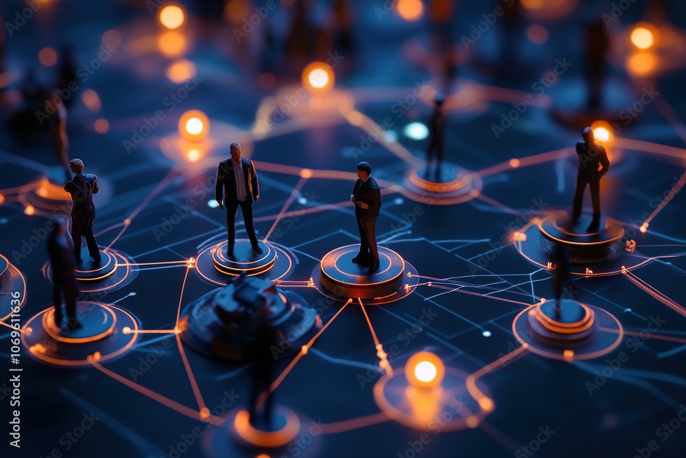Poster miniature figures stand on illuminated circles connected by glowing lines, representing a network or