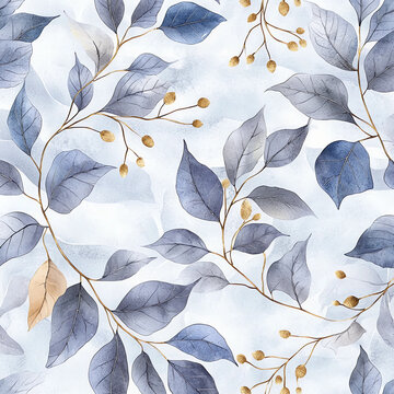  Watercolor painting of dark blue and light gray leaves with gold berries, on a light background, creating a seamless pattern.
