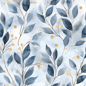  Watercolor dark blue and light gray winter floral leaves, gold berries on branches pattern on a white background.