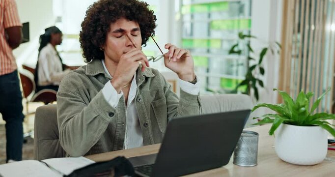 Tired, education and laptop with man in study hall for learning, online test and student project. Burnout, research deadline and fatigue with person in college for mental health, headache and stress
