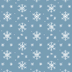  A seamless pattern of white snowflakes on a blue background, simple line art, flat design style, cute and dreamy