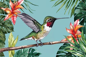 Vibrant Hummingbird Watercolor Art Surrounded by Tropical Foliage for Summer Decor