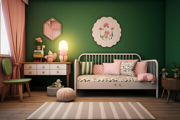 A cozy children's room featuring a bed, colorful decor, and playful elements.