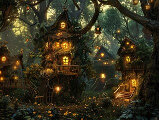 Obraz premium Enchanted Forest Village: Glowing Lanterns and Whimsical Tree Houses