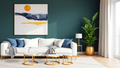 contemporary living room with a white sofa, white and blue cushions, and a throw blanket. In front of the sofa are two round gold coffee tables with white tops.
